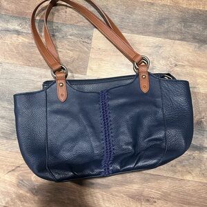 The Sak Navy Leather Shoulder Bag with Brown Straps